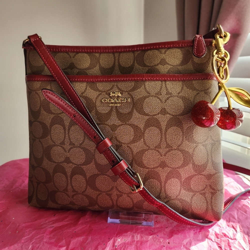 Coach Wine Signature Coated Canvas Crossbody w/Cherries EUC